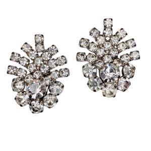 Vintage Rhinestone Clip-On Earrings, Silver-Tone Sparkly Blingy Mid-Century Glam